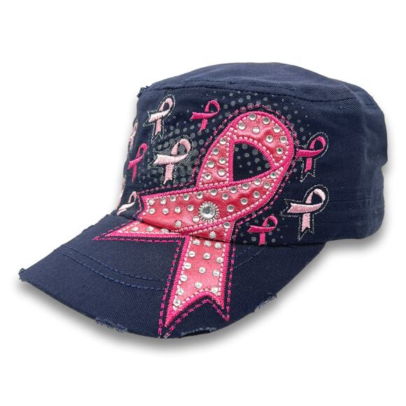 Pink Ribbon Army Cadet Hat Rhinestone French Round Bill BDU Baseball Castro Cap - Picture 1 of 6